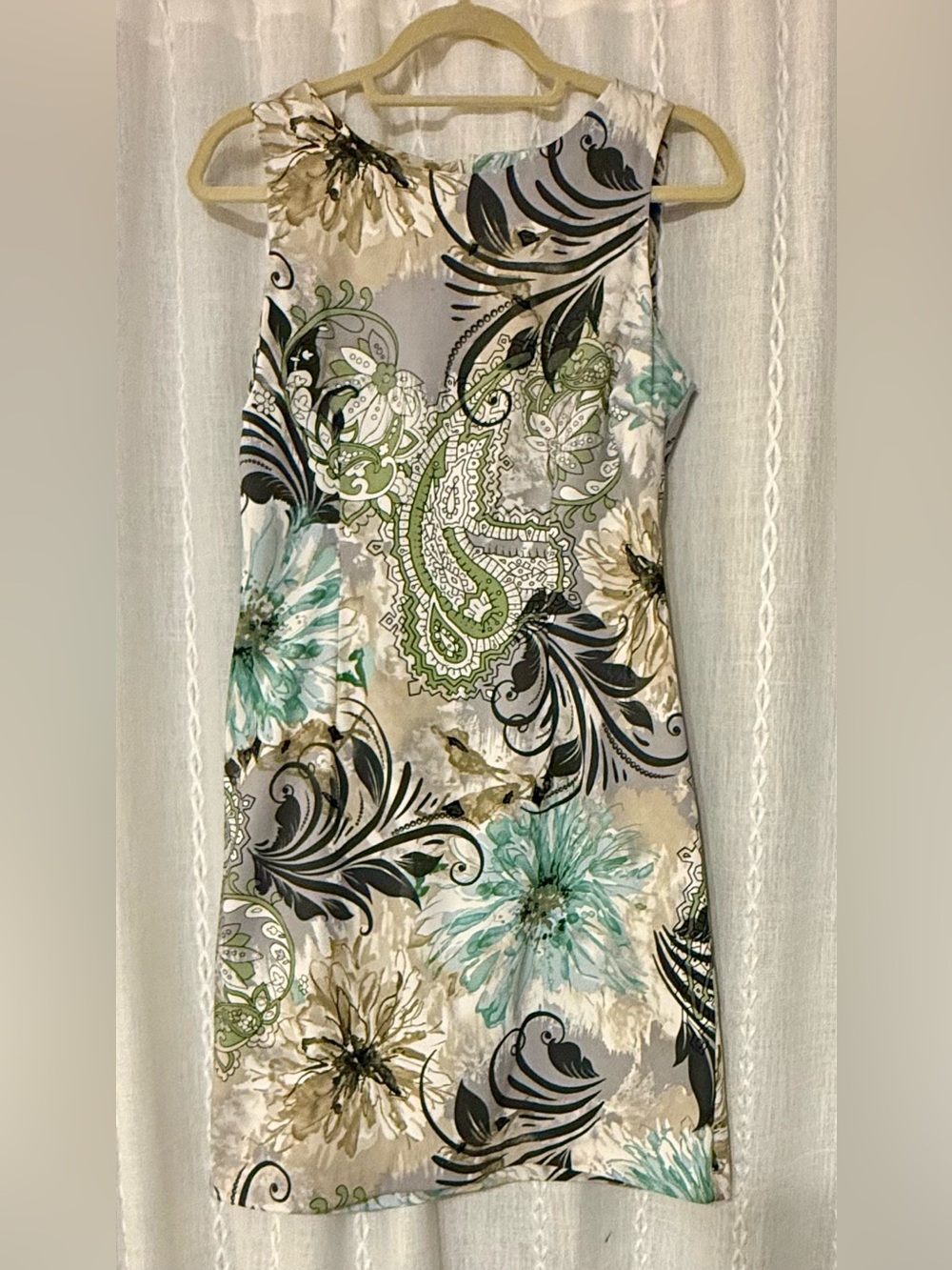 Connected Apparel  teal, green & grays. Floral, paisley pattern midi dress. Sz.8